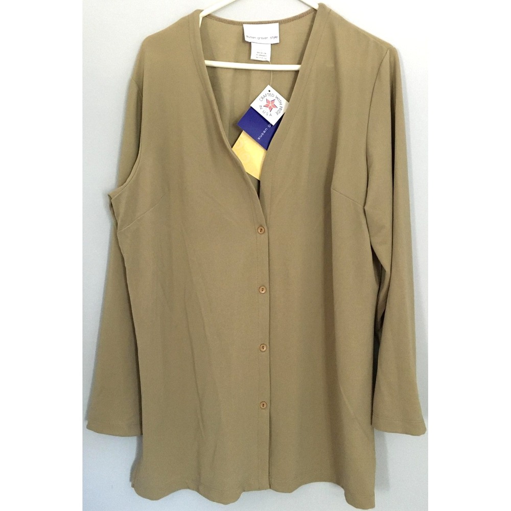 Susan‎ Graver Style Cardigan Womens L Beige V Neck Button Front Made in USA NWT